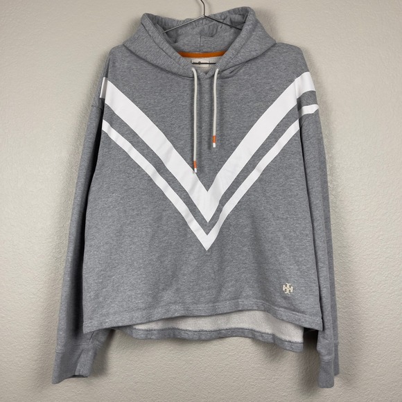 Tory Burch Sport French Terry Chevron Hoodie Gray White XL Cropped - Picture 2 of 13